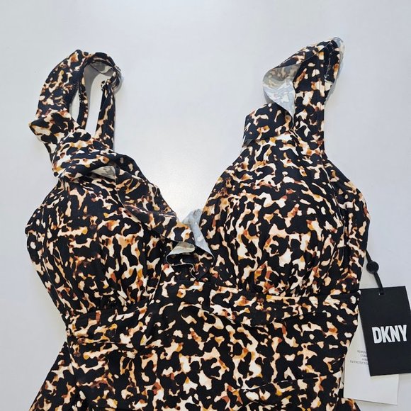 DKNY Ruffle Plunge One-Piece Swimsuit Cheetah Print Size 12 - Picture 6 of 14